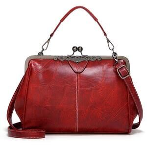 5515 Retro Kiss Lock Handbag Purse Oil Wax PU Small Tote Satchels Shoulder